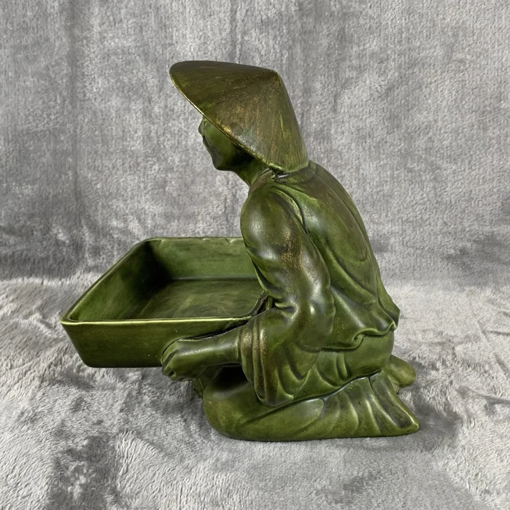 Vintage 1963 Figural Chinoiserie Trinket Box Gold Accented Green Signed Repaired